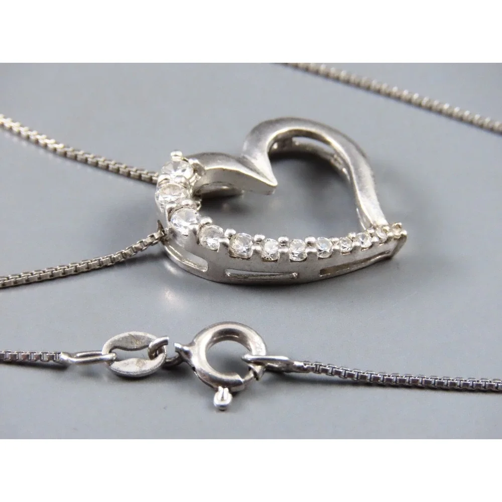 STERLING SILVER Chain Necklace CLEAR CZ SIDEWAYS Open Heart Pendant SUPER SWEET!